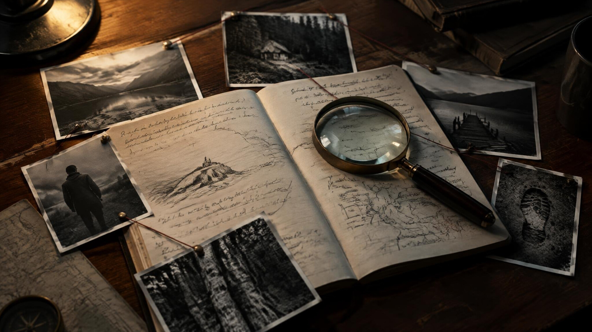 Detektivska bilježnica s fotografijama i crvenim nitima na stolu